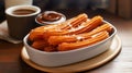 AI generated illustration of a plate of assorted churros on a wooden table
