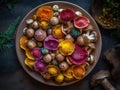 AI generated illustration of a plate of assorted colorful mushrooms