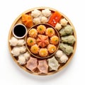 AI generated illustration of a plate of assorted delectable dumplings and appetizers