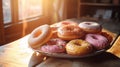 AI generated illustration of A plate of assorted donuts on a wooden table