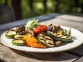 AI generated illustration of a plate of assorted grilled vegetables against a blurred background