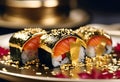 AI generated illustration of a plate with assorted pieces of sushi with golden flakes