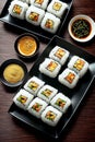 AI generated illustration of a plate of assorted sushi rolls on a wooden table