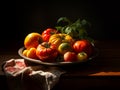 AI generated illustration of a plate of colorful tomatoes on the rustic table