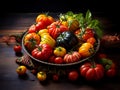 AI generated illustration of a plate of colorful tomatoes on the rustic table