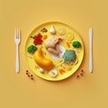 AI-generated illustration of a plate with different kinds of food isolated on a yellow background.