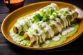 AI generated illustration of a plate of enchiladas suizas, rolled tortillas filled with chicken Royalty Free Stock Photo