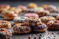 AI generated illustration of a plate of freshly-made doughnuts with colorful sprinkles on top Royalty Free Stock Photo