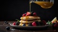 AI generated illustration of A plate of freshly made pancakes topped with syrup and assorted fruits Royalty Free Stock Photo