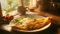 AI generated illustration of A plate of freshly prepared omelet and vibrant green vegetables