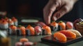 AI generated illustration of a plate of freshly prepared sushi on a table at a restaurant