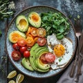AI generated illustration of a plate of a healthy breakfast with avocado omelet and veggies Royalty Free Stock Photo
