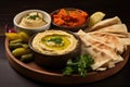 AI generated illustration of a plate of hummus, pita bread, and an array of fresh vegetables