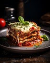 AI generated illustration of a plate of lasagna with melted cheese on top