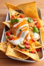 AI generated illustration of a plate of nachos with cheese on the wooden table Royalty Free Stock Photo
