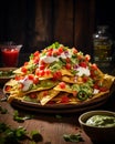 AI generated illustration of a plate of nachos topped with guacamole Royalty Free Stock Photo
