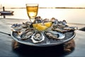 AI generated illustration of a plate of oysters placed on ice on a wooden outdoor table Royalty Free Stock Photo