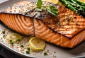 a plate with salmon and asparagus on it and some other vegetables