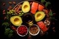 AI generated illustration of a plate of salmon with avocado and walnuts