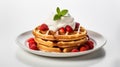 AI generated illustration of a plate of a stack of fluffy waffles with creamy whipped topping