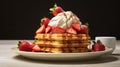 AI generated illustration of a plate of a stack of waffles with a creamy topping and strawberries