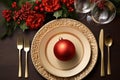 AI generated illustration of a plate on the table set with Christmas decorations Royalty Free Stock Photo