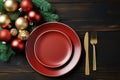 AI generated illustration of a plate on the table set with Christmas decorations Royalty Free Stock Photo