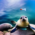 a baby seal laying on top of an object next to another seal