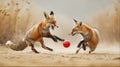 AI generated illustration of playful foxes eagerly pursue a ball amidst a vast desert landscape