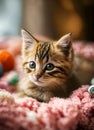 a kitten with blue eyes sitting in a pile of toys