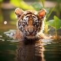 a tiger cub taking a dip in the water near some vegetation Royalty Free Stock Photo