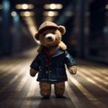 AI generated illustration of A plush brown teddy bear wearing a blue leather jacket