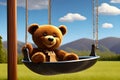 AI generated illustration of a plush teddy bear on a wooden swing, in a bright green meadow