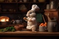 AI generated illustration of a plush toy dressed in a chef's uniform beside a mini kitchen setup