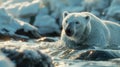 AI generated illustration of a polar bear in a pool of frigid water surrounded by icy terrain