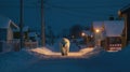 AI generated illustration of a polar bear walking down a city street on a winter day Royalty Free Stock Photo