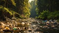 A polluted stream flowing through a wooded area, filled with visible garbage and debris Royalty Free Stock Photo