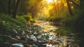 A polluted stream flowing through a wooded area, filled with visible garbage and debris Royalty Free Stock Photo