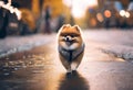 AI-generated illustration of a Pomeranian dog in a shiny vest strolling on a city street