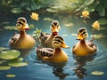 AI generated illustration of a pond with a flock of ducks swimming, surrounded by lush water lilies