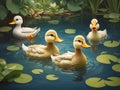 AI generated illustration of a pond with a flock of ducks swimming, surrounded by lush water lilies