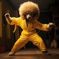 AI generated illustration of A poodle dog dressed in a bright yellow karate outfit.