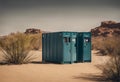 AI generated illustration of portable toilets situated in a barren desert landscape