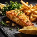 AI generated illustration of a portion of fish and chips served on a slate tray Royalty Free Stock Photo