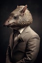 AI generated illustration of a portrait of an armadillo in a gray suit