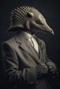 AI generated illustration of a portrait of an armadillo in a gray suit