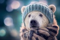 AI generated illustration of the portrait of the bear with a winter hat under the snow and lights.
