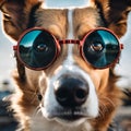 AI generated illustration of a portrait of a brown and white dog wearing sunglasses