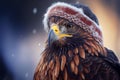 AI generated illustration of the portrait of the eagle with a winter hat under the snow and lights. Royalty Free Stock Photo