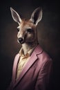 AI generated illustration of a portrait of a kangaroo in a pink suit